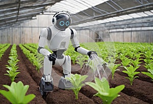 Automated cute robot humanoid helps to grow crops in greenhouse, watering plants. Futuristic Agricultural farms. Concept