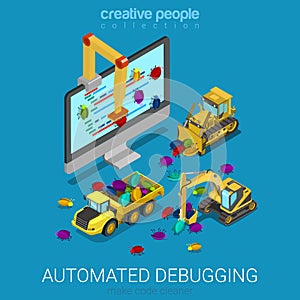 Automated debugging code programming flat isometric vector 3d