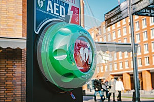 Automated External Defibrillator AED Philips on the street in the city of Gdansk, Poland on February 8, 2020. AED CPR Rescue Kits