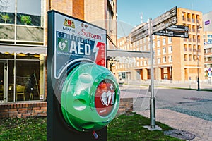 Automated External Defibrillator AED Philips on the street in the city of Gdansk, Poland on February 8, 2020. AED CPR Rescue Kits