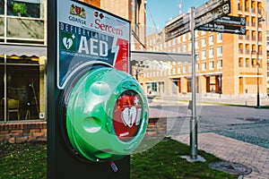 Automated External Defibrillator AED Philips on the street in the city of Gdansk, Poland on February 8, 2020. AED CPR Rescue Kits