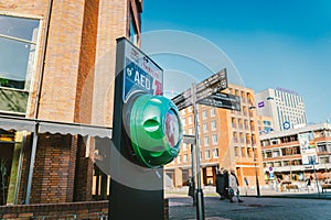 Automated External Defibrillator AED Philips on the street in the city of Gdansk, Poland on February 8, 2020. AED CPR Rescue Kits