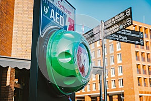 Automated External Defibrillator AED Philips on the street in the city of Gdansk, Poland on February 8, 2020. AED CPR Rescue Kits