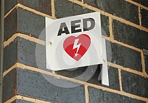 Automated external defibrillator (AED) sign in a public place