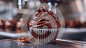 automated food printing machine applies velvety swirl of chocolate icing to freshly baked cake. A metal nozzle distributes the photo