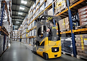 Automated Forklift doing storage in a warehouse managed by machine learning and artificial intelligence automation, robotics