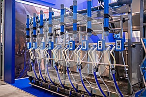 Automated goat milking suction machine with teat cups at exhibition