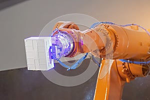 Automated hand robot technical production, measurement, study of the parameters of objects. Industrial techno theme