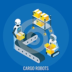 Automated line, cargo robots packing cardboard boxes, vector isometric illustration. Industrial automation and robotics.