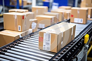 Automated Logistics, Barcode-Labeled Boxes on Conveyor Belt
