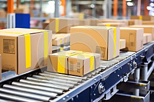 Automated Logistics, Barcode-Labeled Boxes on Conveyor Belt