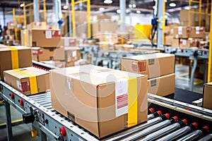 Automated Logistics, Barcode-Labeled Boxes on Conveyor Belt