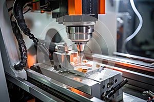 An automated machine in action, working on a piece of metal to shape it with precision, The CNC milling machine cutting the