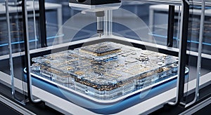 Automated manufacturing machine assembling a complex computer circuit board with precision