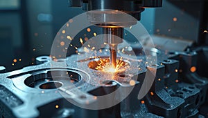 Automated metalwork. 5axis machining center mills V8 engine block precisely. Solid ball end mill tool cuts aluminium. Hi tech