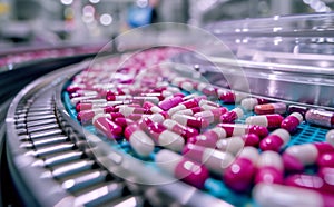 Automated pharmaceutical production line producing small white pills in bottle. The manufacturing process of medical pills on a