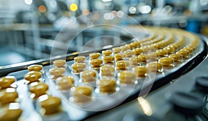 Automated pharmaceutical production line producing small white pills in bottle. The manufacturing process of medical pills on a