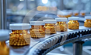 Automated pharmaceutical production line producing small white pills in bottle. The manufacturing process of medical pills on a