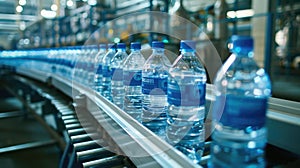 Automated production line for bottled water in factory setting. Industrial manufacturing process