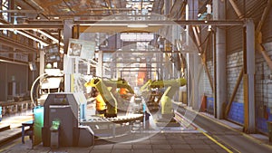 Automated production line at a car factory. Close-up of welding work. Welding line with robotic welders. 3D Rendering.