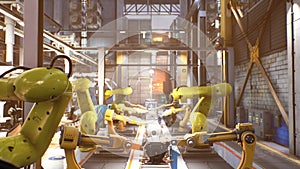 Automated production line at a car factory. Close-up of welding work. Welding line with robotic welders. 3D Rendering.