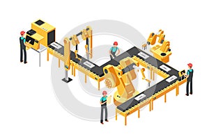 Automated production line, factory conveyor with workers and robotic arms isometric industrial vector concept