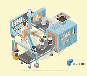 Automated production line. Factory floor with conveyor and various machines.