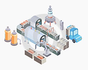 Automated production line. Factory floor with conveyor and various machines. Vector illustration in isometric projection