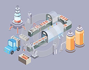 Automated production line. Factory floor with conveyor and various machines. Vector illustration in isometric projection