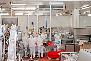 Automated production line with packaging and cutting of meat in modern food factory.Meat processing equipment. Food