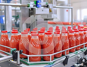 Automated production line with tomato sauce bottles in a food factory