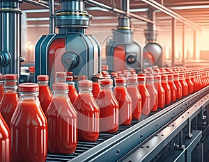 Automated production line with tomato sauce bottles in a food factory