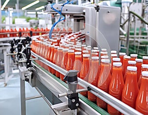 Automated production line with tomato sauce bottles in a food factory