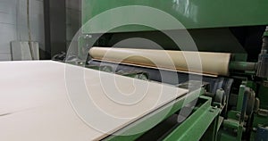 Automated production of plywood sheets at the factory. Finished veneer sheets. Plywood production.