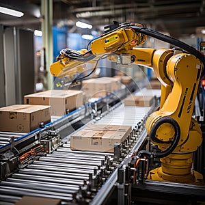 Automated Robot Carriers And Robotic Arm In Smart Distribution Warehouse. Technology and artificial intelligence