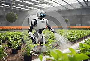 Automated robot humanoid helps to grow crops in greenhouse, watering plants. Futuristic Agricultural farms. Concept of