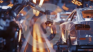 Automated robotic arm assembling cars in factory line photo