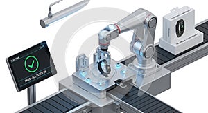Automated robotic arm assembling product conveyor system manufacturing process technology white background