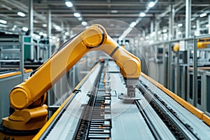 Automated robotic arm on assembly line in factory