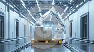 Automated robotic arm in a modern warehouse handling cardboard boxes photo