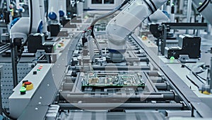 Robotic arm works on circuit board in a precise automated assembly line.