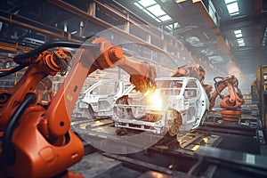 Automated Robotic arms line welding assembly car working at futuristic factory, industrial robots in automotive factory industry
