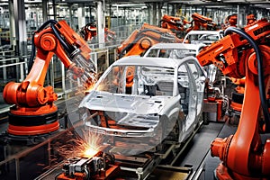 Automated Robotic modern electric car Production Line. Welding Industrial Production Conveyor