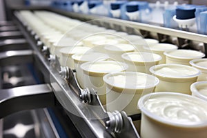 Automated Robotic natural dairy products yogurt Line. Industrial food production plant indoors