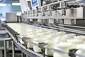 Automated Robotic natural dairy products yogurt Line. Industrial food production plant indoors