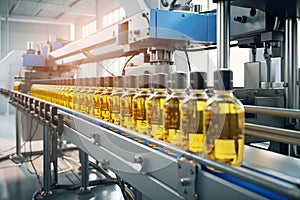 Automated Robotic vegetable oil Production Line. Industrial food production plant indoors