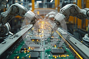 Automated robots assembling electronic circuits on a production line