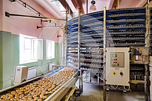 Automated round conveyor machine in bakery food factory, cookies and cakes production line