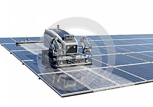 Automated solar panel cleaning robot on array isolated on white background