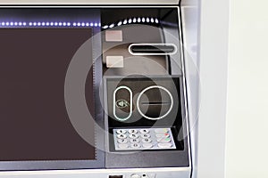 Automated teller machine details, ATM. Cashpoint keypad, NFC contactless wifi system, card reader and receipt printer